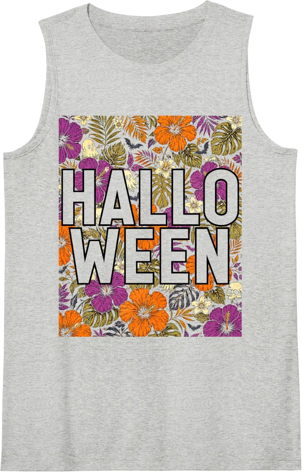Halloween Hawaiian Tropical Floral Spooky Season Ghosts Bats Sleeveless Tank Top - Heather Grey