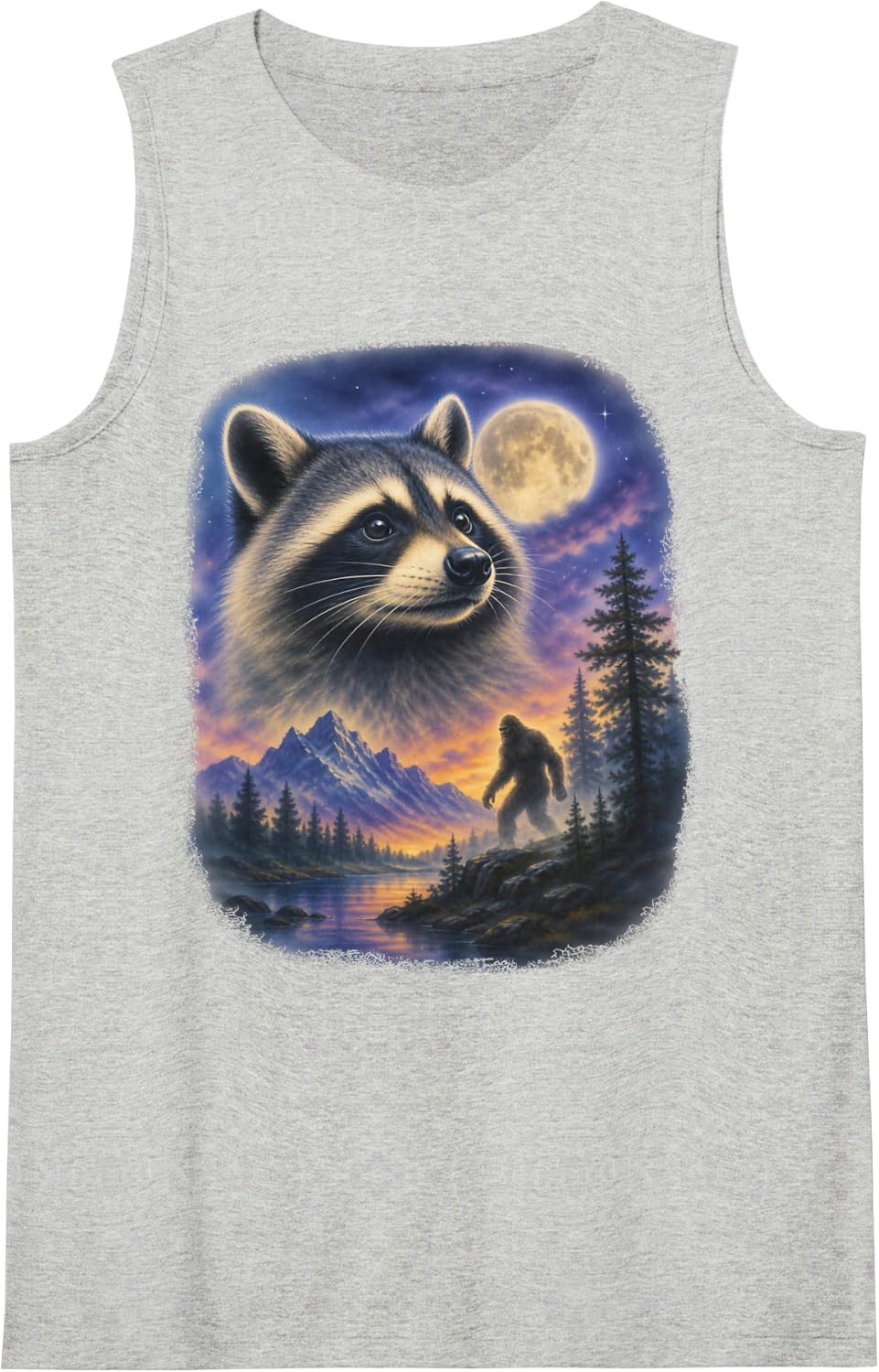Moonlit Raccoon Bigfoot 90s Airbrush Cryptid Art Sleeveless Tank Top - Heather Grey