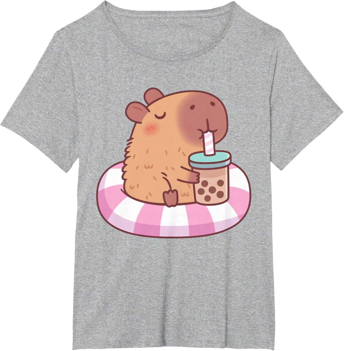 Cute Capybara On Pool Float Drinking Bubble Tea Anime Kawaii Tees T Shirts - Heather Grey