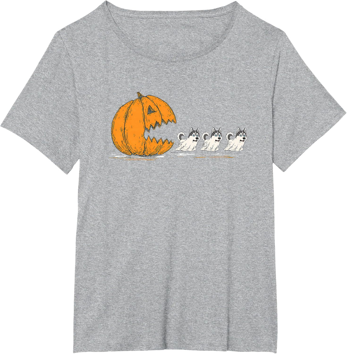 Husky Dog Halloween Pumpkin Ghost Chase Dog Lover T-Shirt - Heather Grey