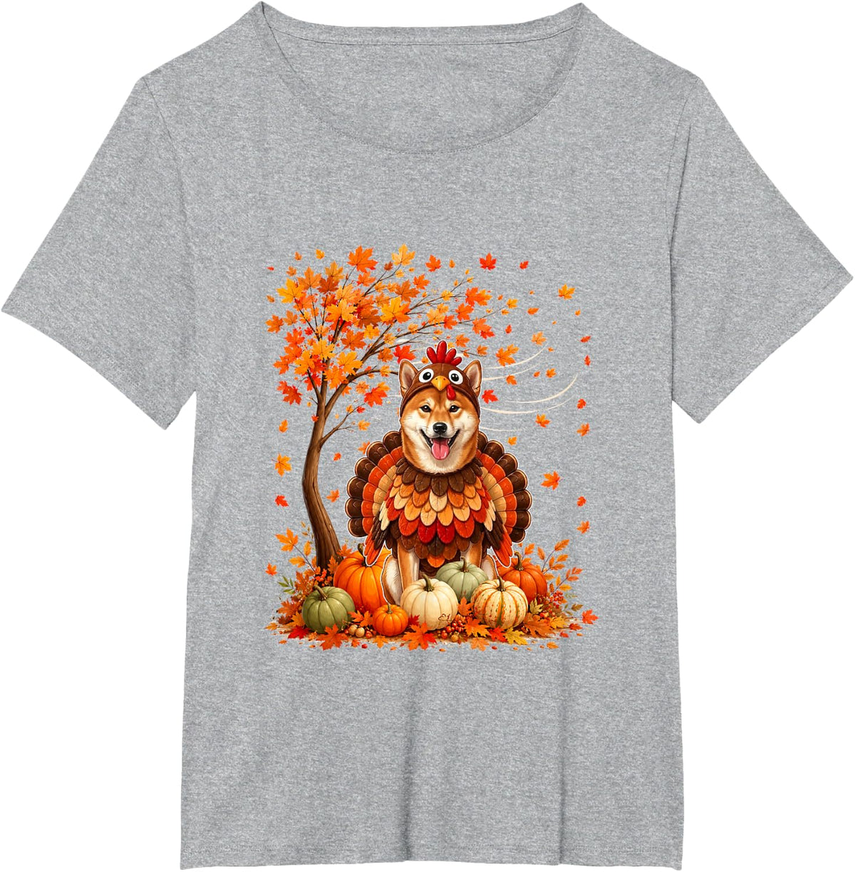 Shiba Inu Cosplay Turkey Fall Tree Pumpkins Thanksgiving T-Shirt - Heather Grey