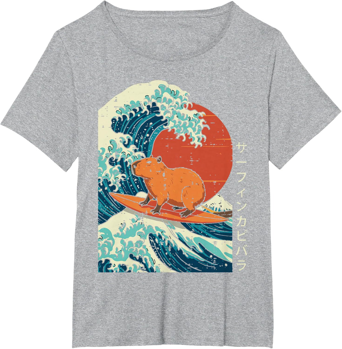 Great Wave Capybara Surfing Meme T-Shirt Japanese Art Tees for Men Women Kids - Heather Grey