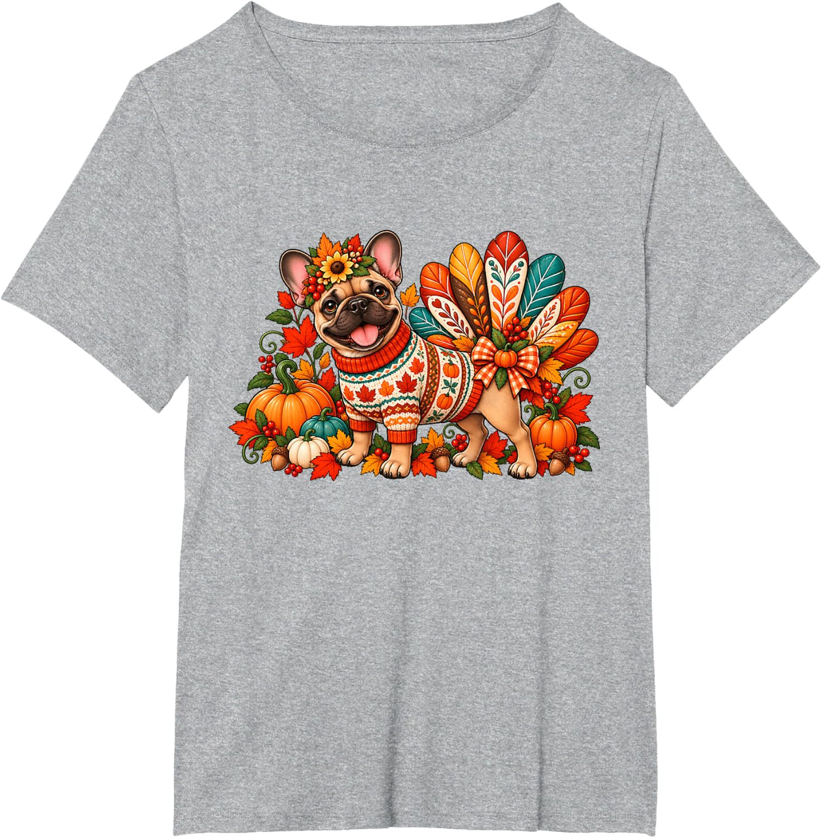 French Bulldog Thanksgiving Turkey Dog Cute Autumn Pumpkin T-Shirt - Heather Grey