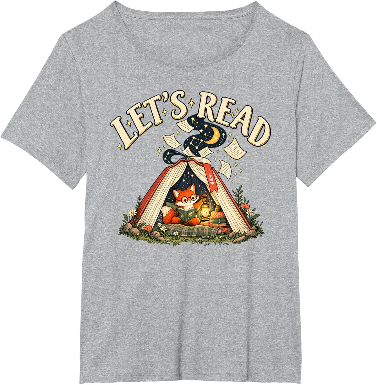 Lets Read Cute Fox Book Lover Reading Storybook Teacher T-Shirt - Heather Grey