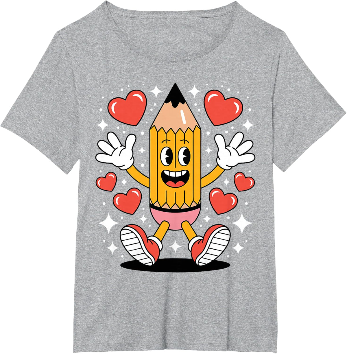 Retro Teacher Cartoon Pencil Teaching T-Shirt - Heather Grey