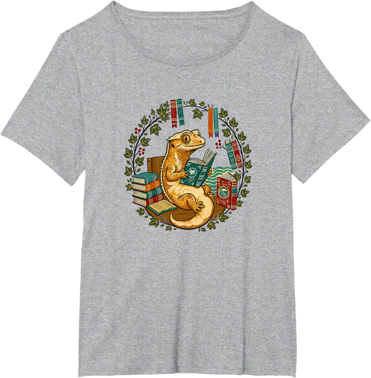 Kids Womens Girls Reading Books Vintage Crested Gecko Lover T-Shirt - Heather Grey