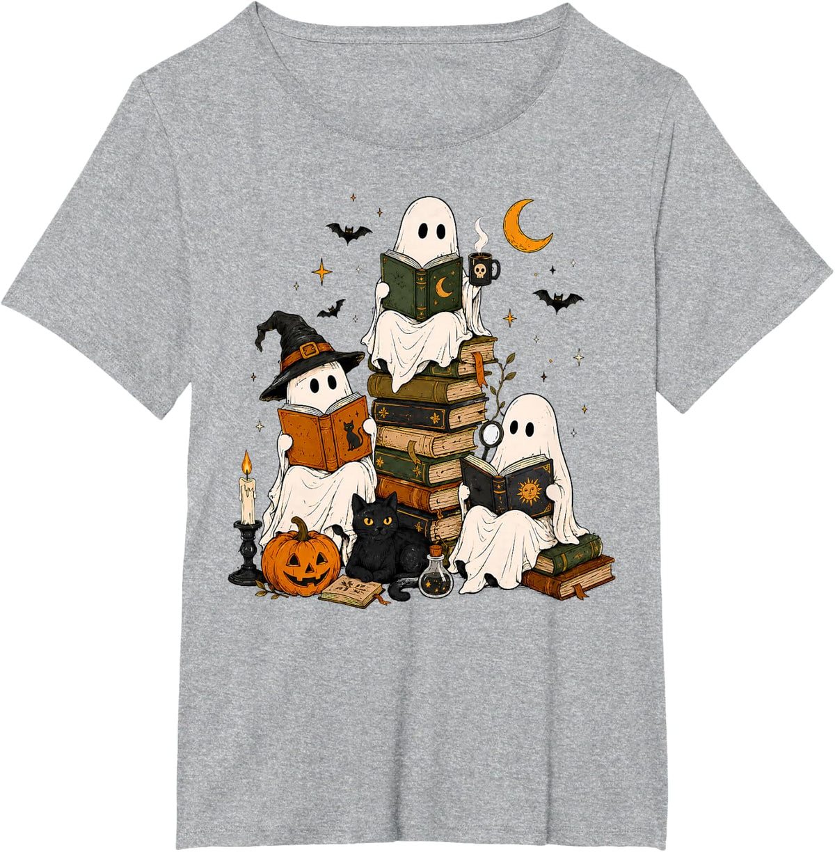 Halloween Ghost Book Lover Spooky Reading Black Cat T-Shirt - Heather Grey