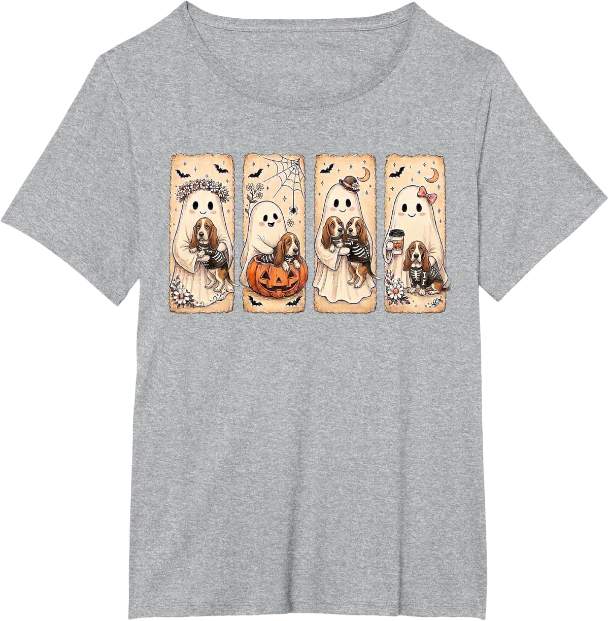 Spooky Ghost Basset Hound Pumpkin Halloween Dog Skeleton T-Shirt - Heather Grey