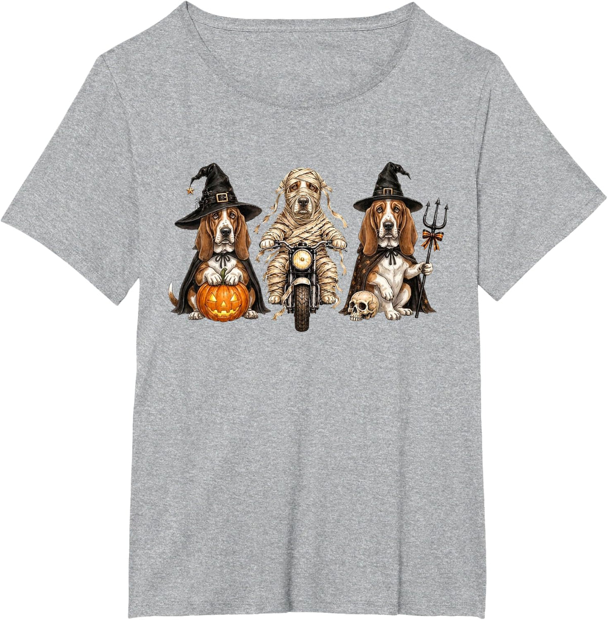 Cute Halloween Basset Hound Dog Pumpkin Ghost and Witch T-Shirt - Heather Grey
