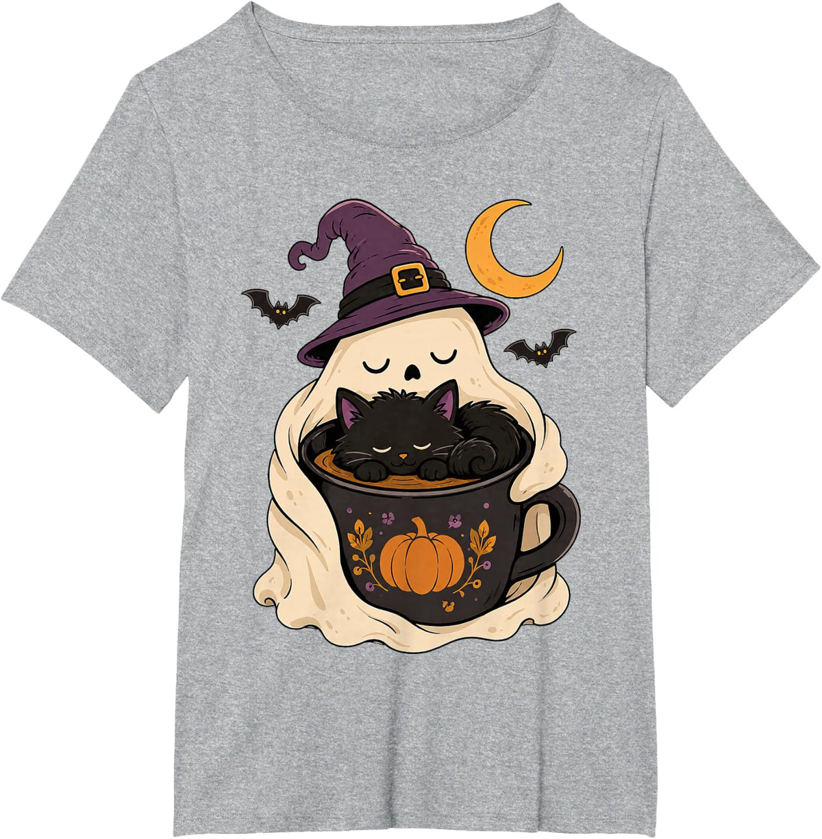 Ghost Cat Spooky Black Fun Halloween Coffee Lover Cat Lover T-Shirt - Heather Grey