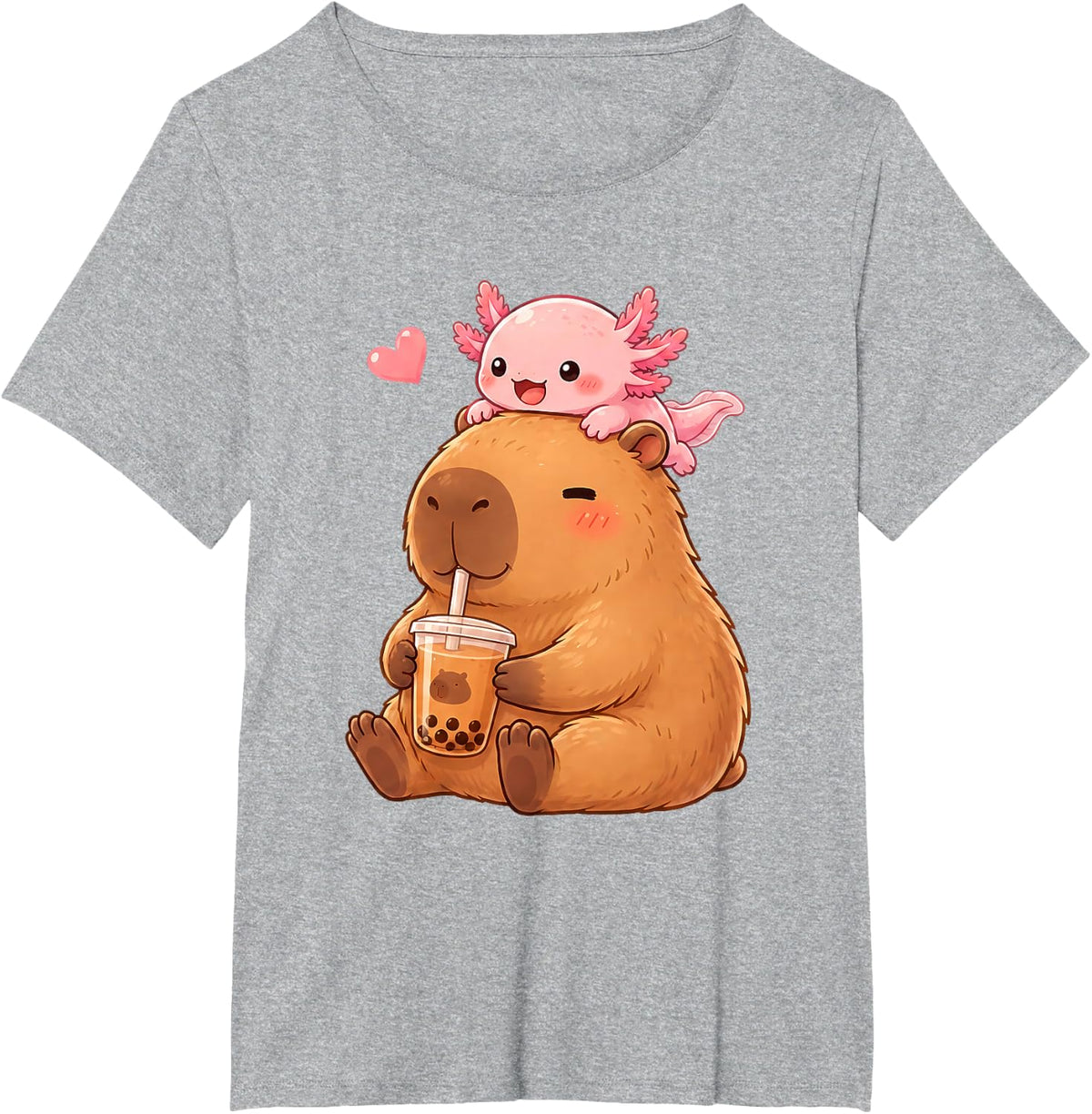 Cute Capybara and Axolotl Bubble Tea Boba Girls Japan Anime T-Shirt - Heather Grey