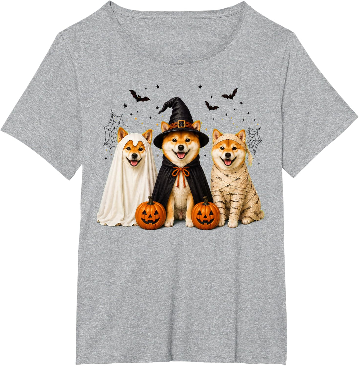 Retro Shiba Inu Dog Witch Scary Halloween Pumpkin T-Shirt - Heather Grey