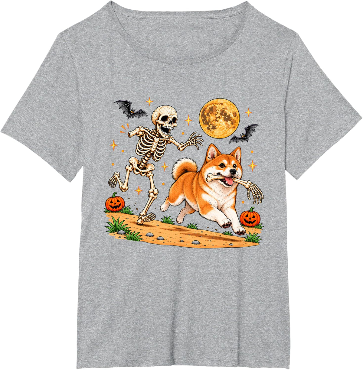 Funny Skeleton Chasing Shiba Inu Halloween Dog Mom Pet Lover T-Shirt - Heather Grey