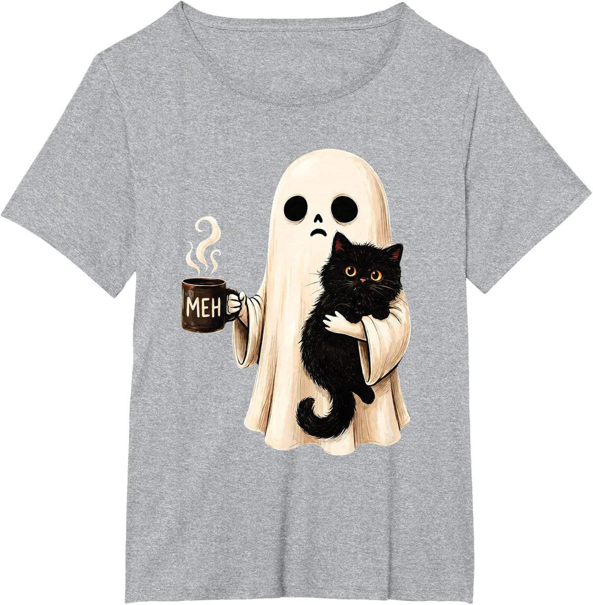 Funny Spooky Black Cat Ghost Holding Coffee Lover Halloween T-Shirt - Heather Grey