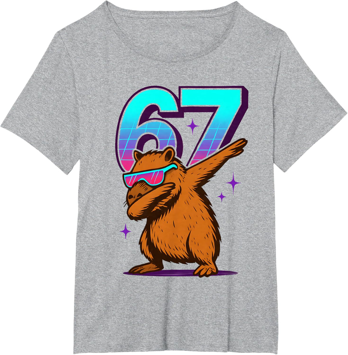 Neon Retro Dabbing Capybara 67 Meme Capy Lover Teens Kids T-Shirt - Heather Grey