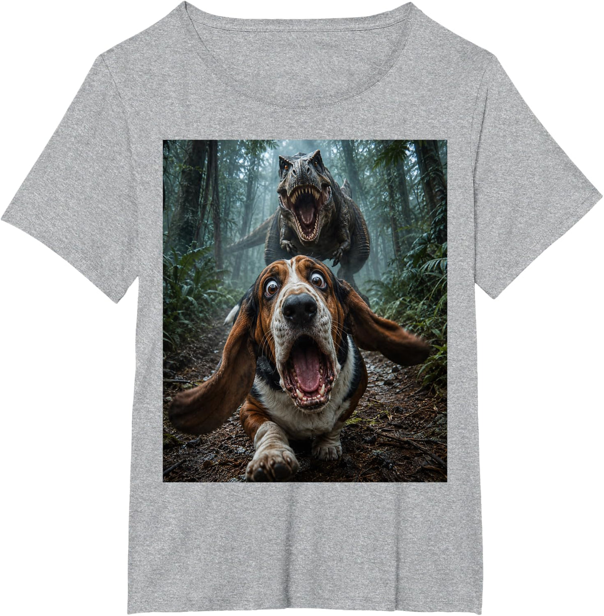 Funny Basset Hound Dog T-Rex Dinosaur Chase Selfie T-Shirt - Heather Grey