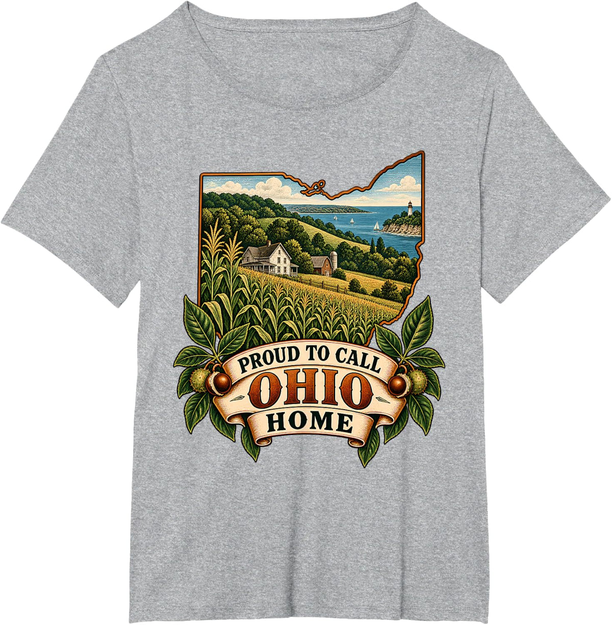 Proud to Call Ohio Home Lake Erie Farmland State Pride T-Shirt - Heather Grey