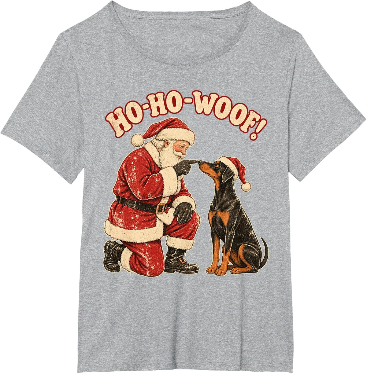 Santa Doberman Pinscher Retro Christmas Dog Ho Ho Woof T-Shirt - Heather Grey