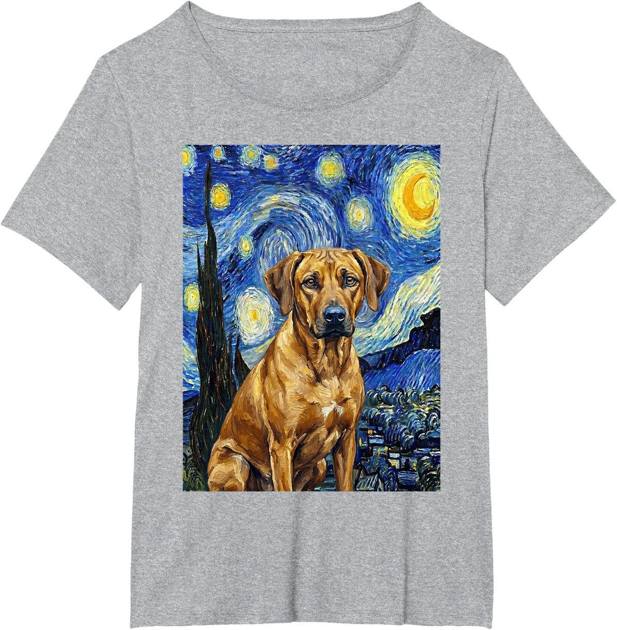 Rhodesian Ridgeback Starry Night Style Dog Art T-Shirt - Heather Grey