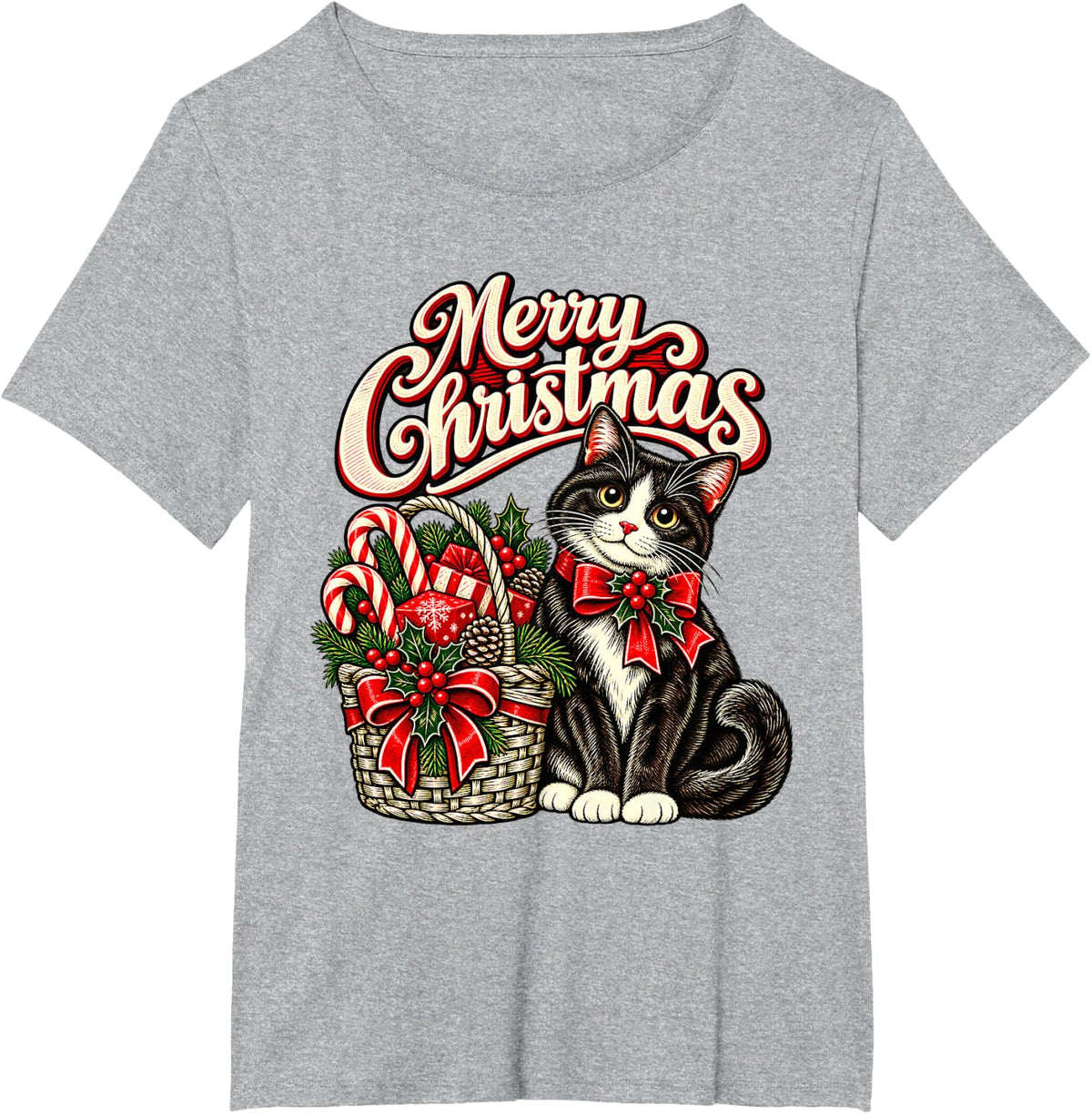 Merry Christmas Proud Cat Red Neck Bow T-Shirt - Heather Grey