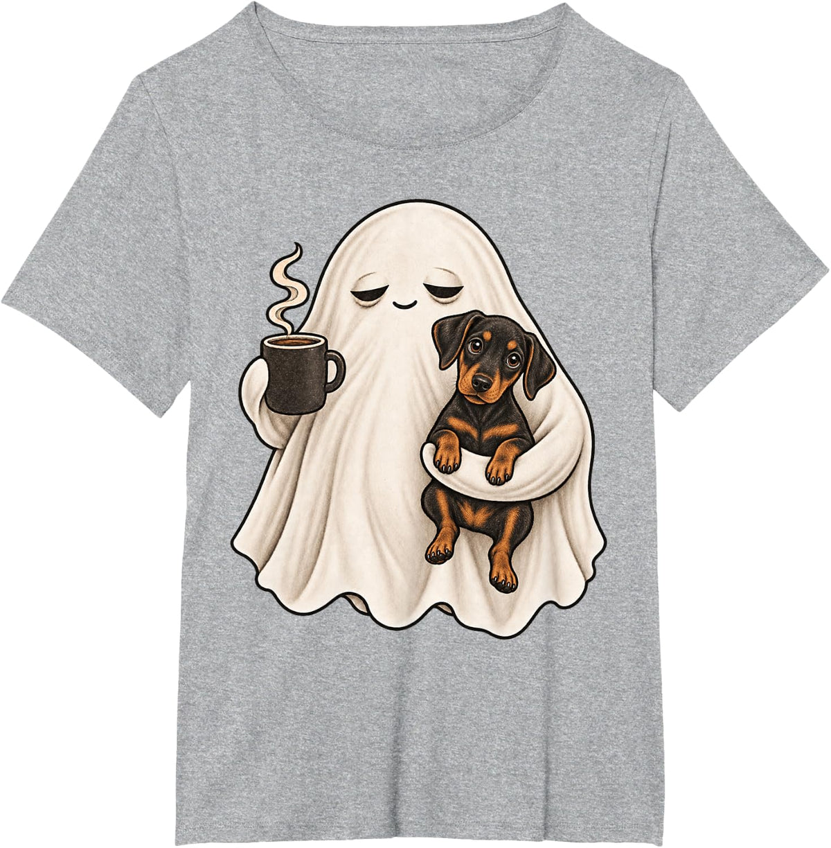 Cute Halloween Pyjama Tired Ghost Holding Doberman Pinscher T-Shirt - Heather Grey