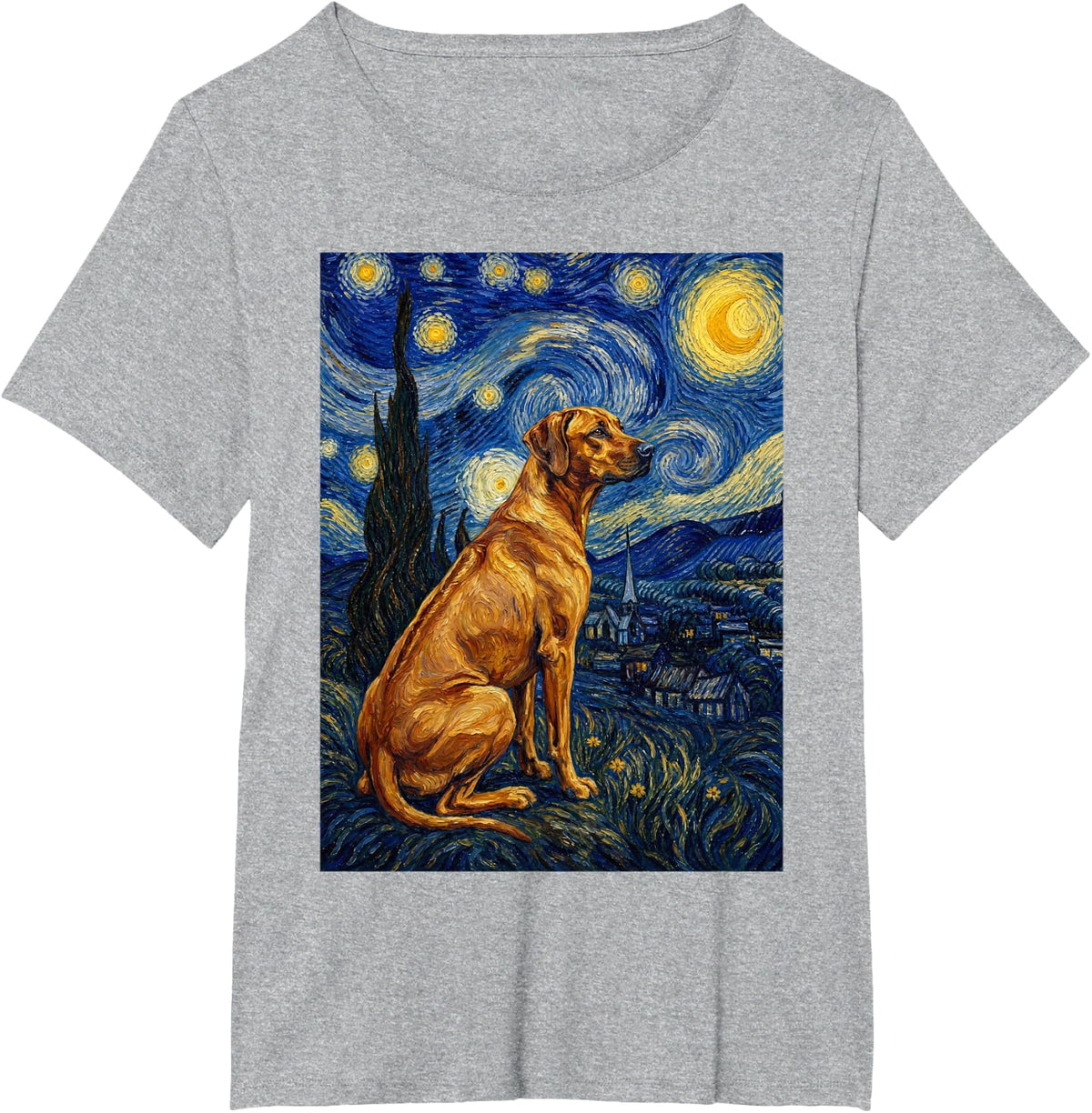 Rhodesian Ridgeback Dog Van Gogh Starry Night T-Shirt - Heather Grey