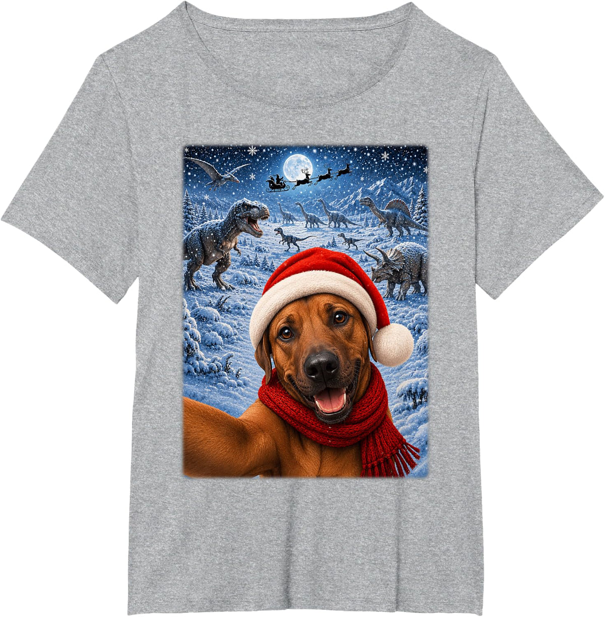 Rhodesian Ridgeback Dog Christmas Moon Night Dinosaurs Xmas T-Shirt - Heather Grey