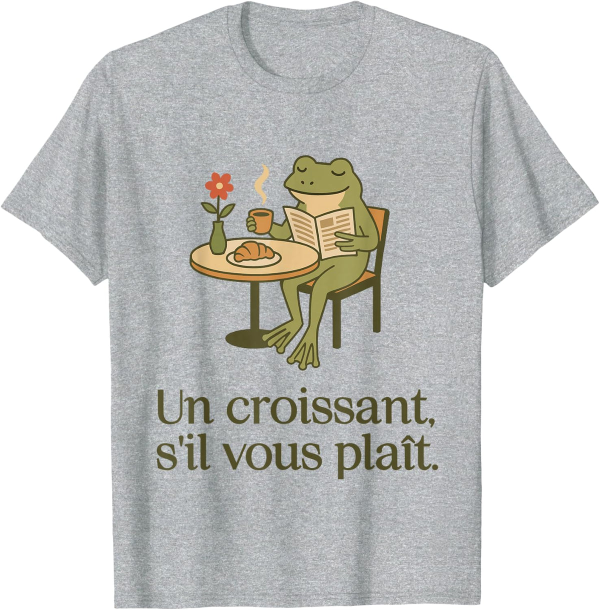 Francophile Frog in a French Cafe for Croissant Lover T-Shirt - Heather Grey