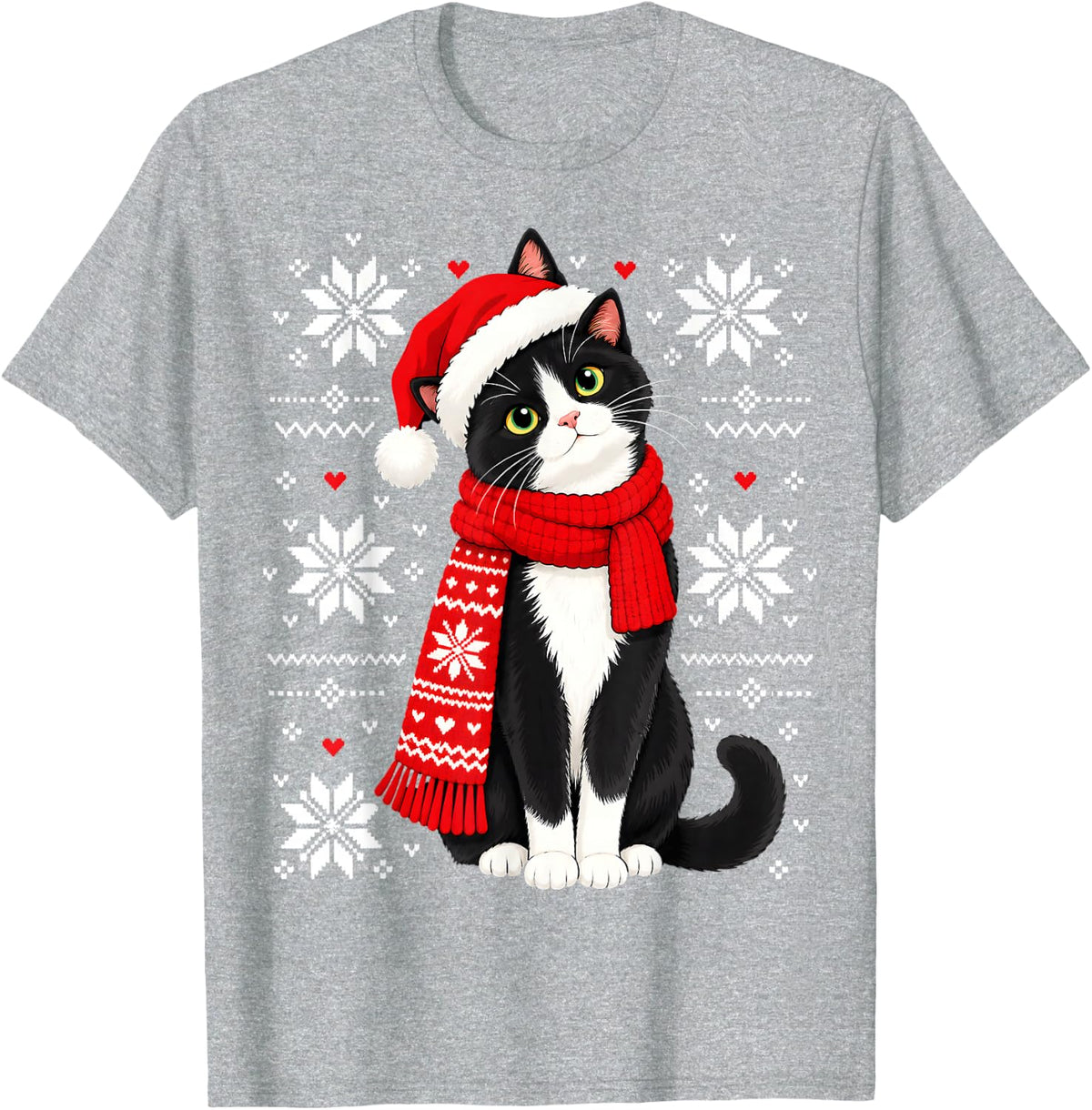 Tuxedo Cat Christmas Santa Hat Scarf Ugly Style Xmas T-Shirt - Heather Grey