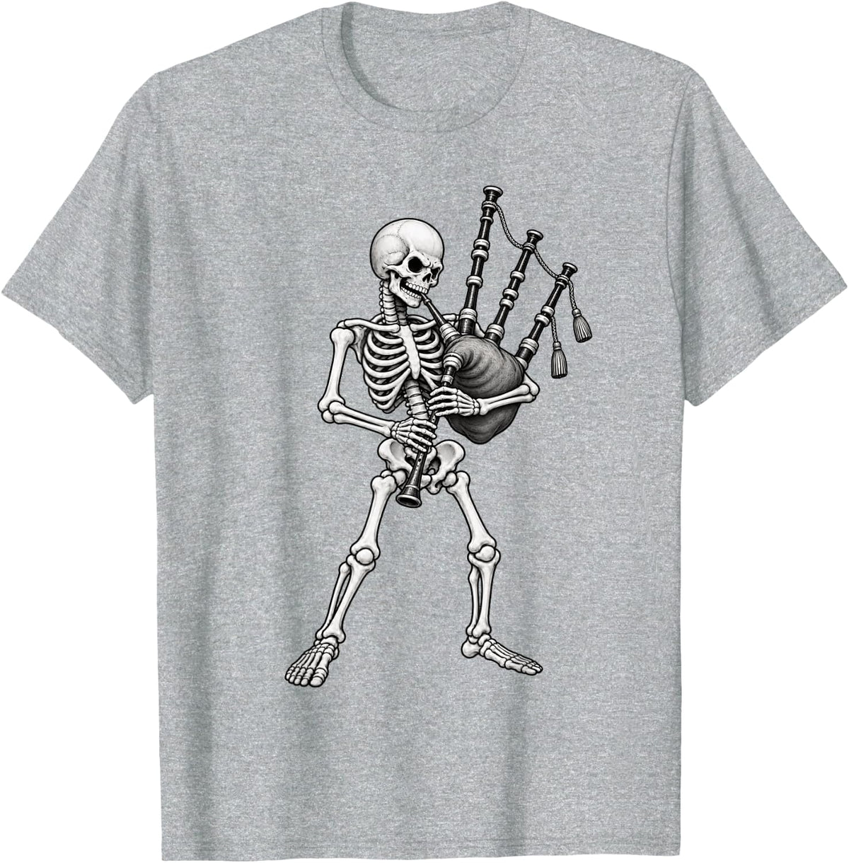 Skeleton Playing Bagpipes Celtic Musician Scotland Band T-Shirt - Heather Grey