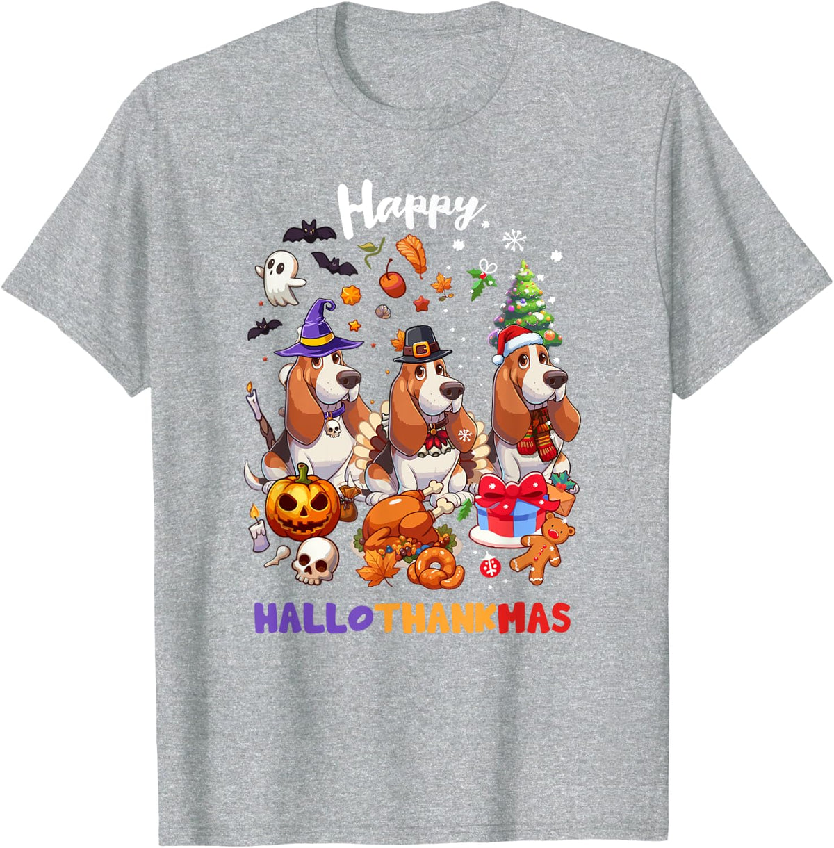 Basset Hound Dog Christmas Happy Hallothankmas T-Shirt - Heather Grey