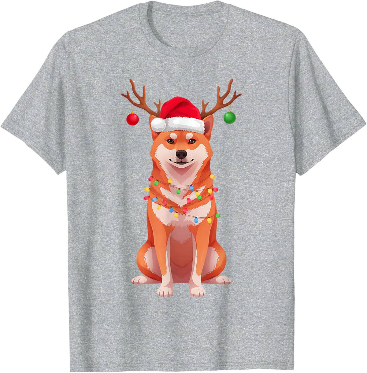 Shiba Inu Santa Hat Reindeer Ornaments Dog Mom Dad T-Shirt - Heather Grey