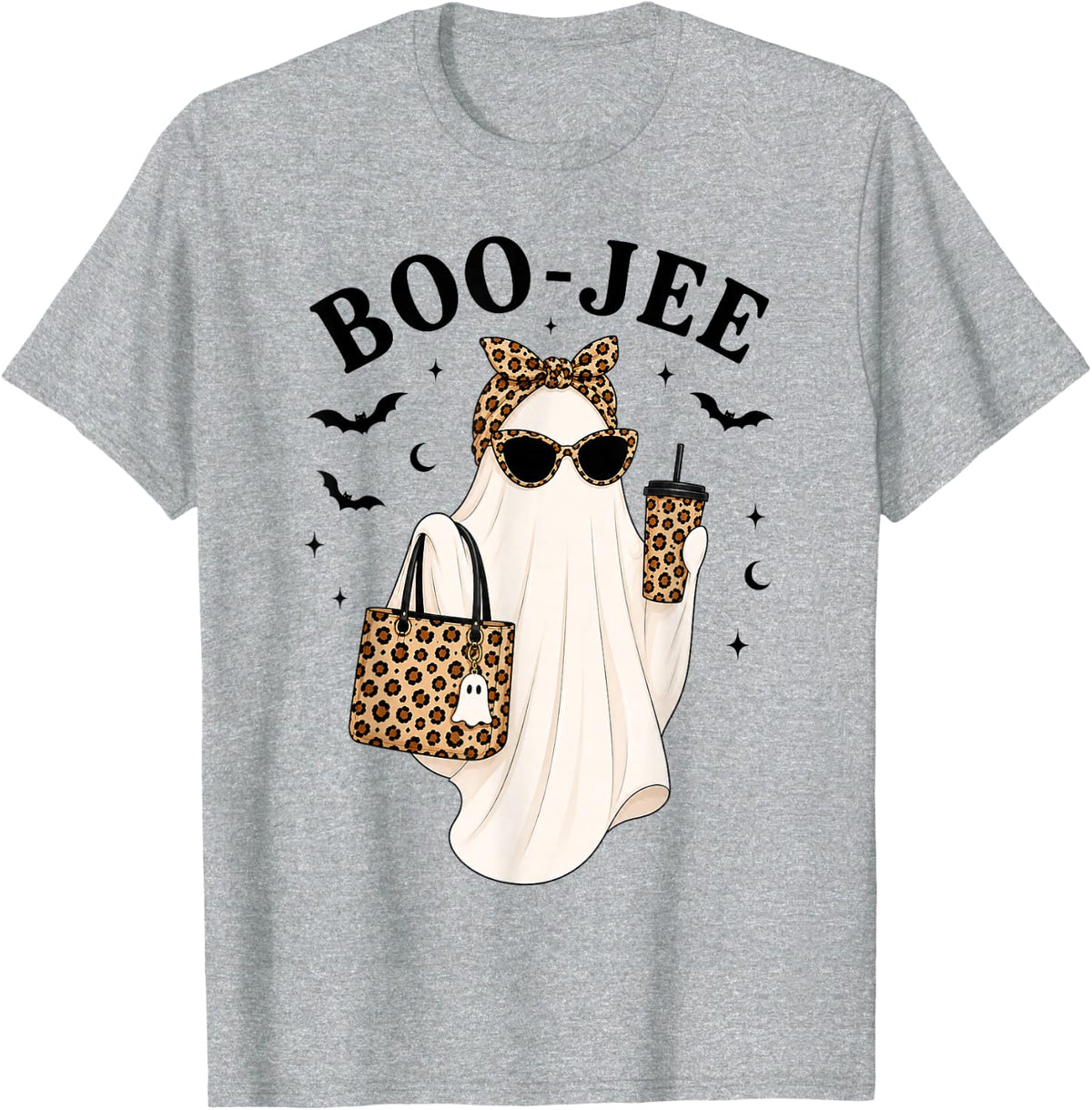 Boo JEE Ghost Halloween Leopard Print Coffee Lover Humor T-Shirt - Heather Grey