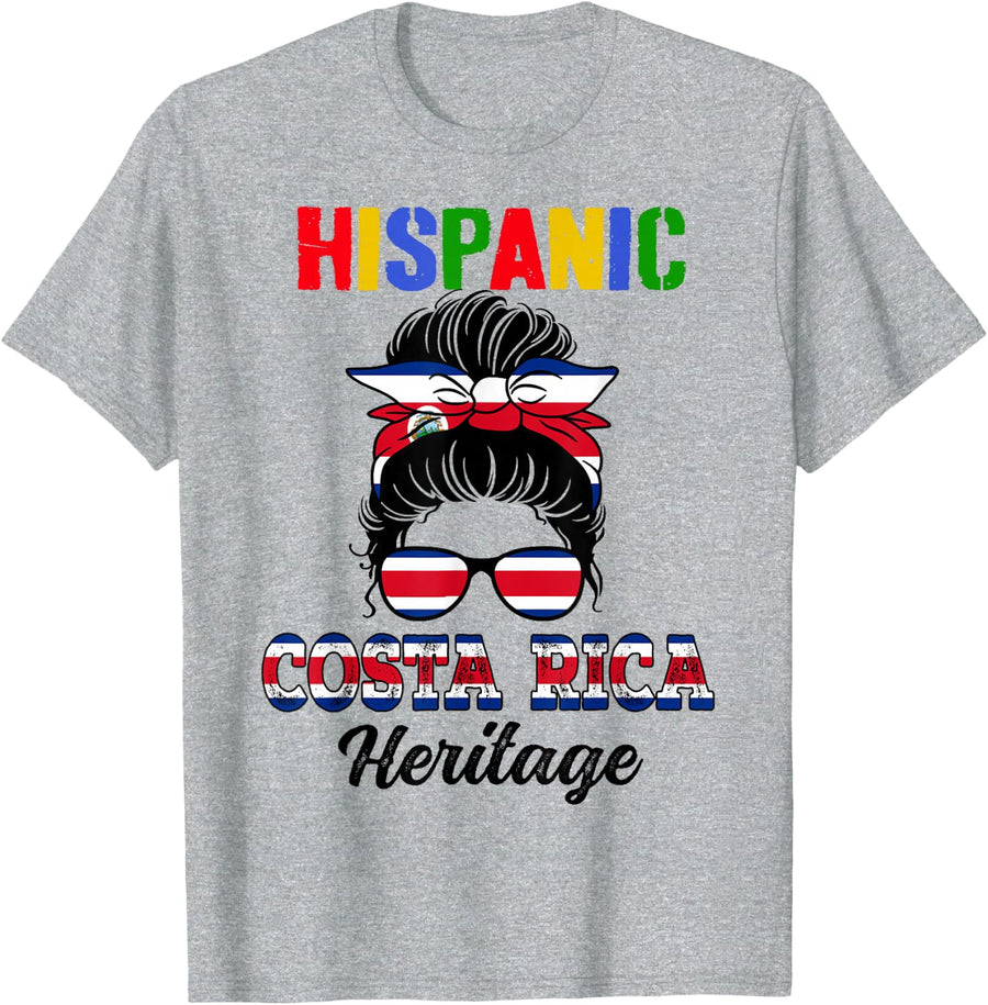 Costa Rican Girl Messy Bun Hispanic Heritage Month T-Shirt - Heather Grey