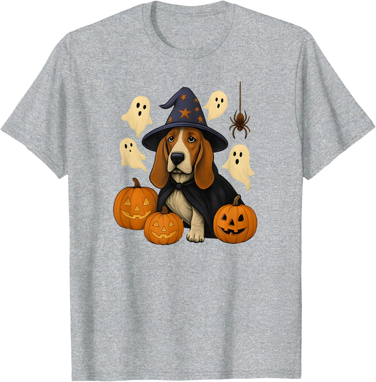 Halloween Basset Hound, Witch's hat, Cute, Funny T-Shirt - Heather Grey