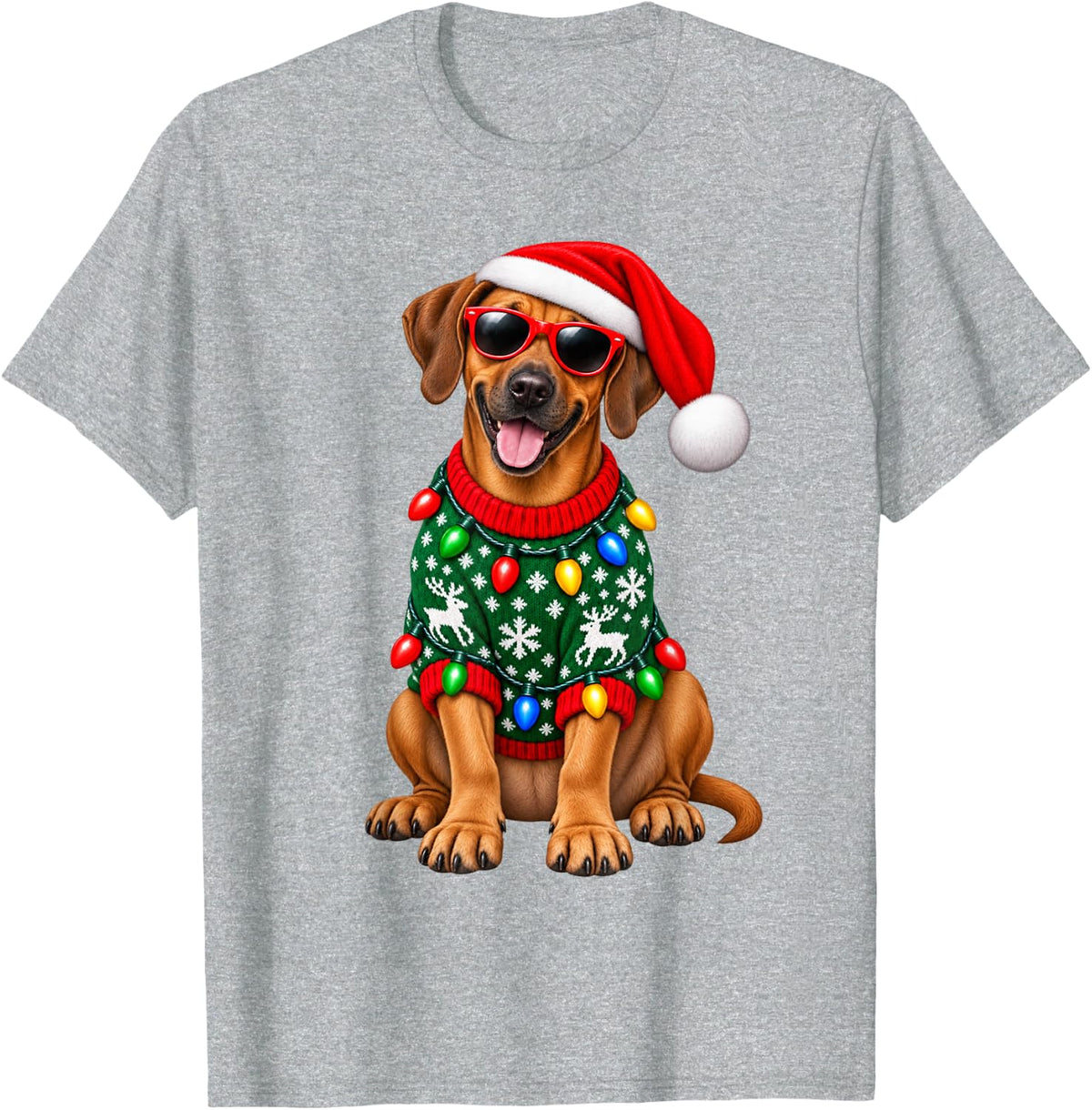 Rhodesian Ridgeback Christmas Sweater Santa Hat Sunglasses T-Shirt - Heather Grey