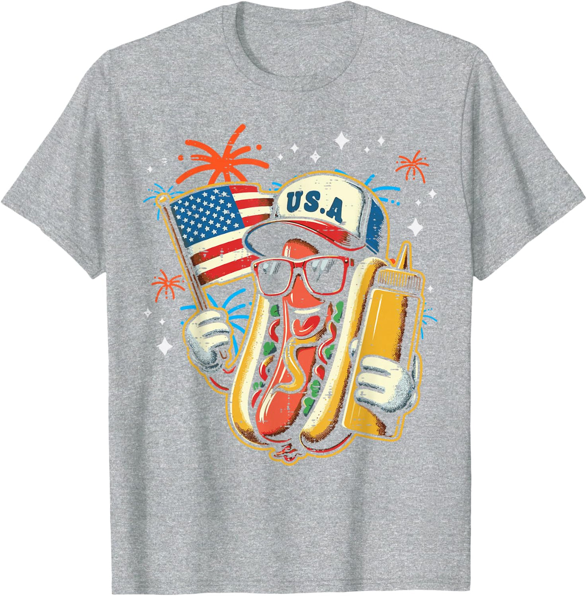 4th Of July Hotdog American Flag Funny Kids Women Men T-Shirt - Heather Grey