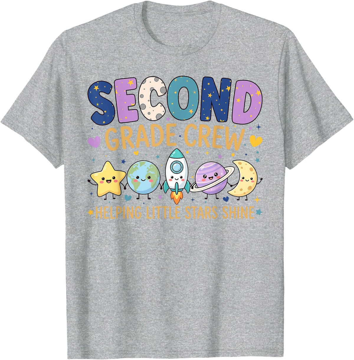 Second Grade Crew Cute Stars Space 2nd Grade Teacher Team T-Shirt - Heather Grey