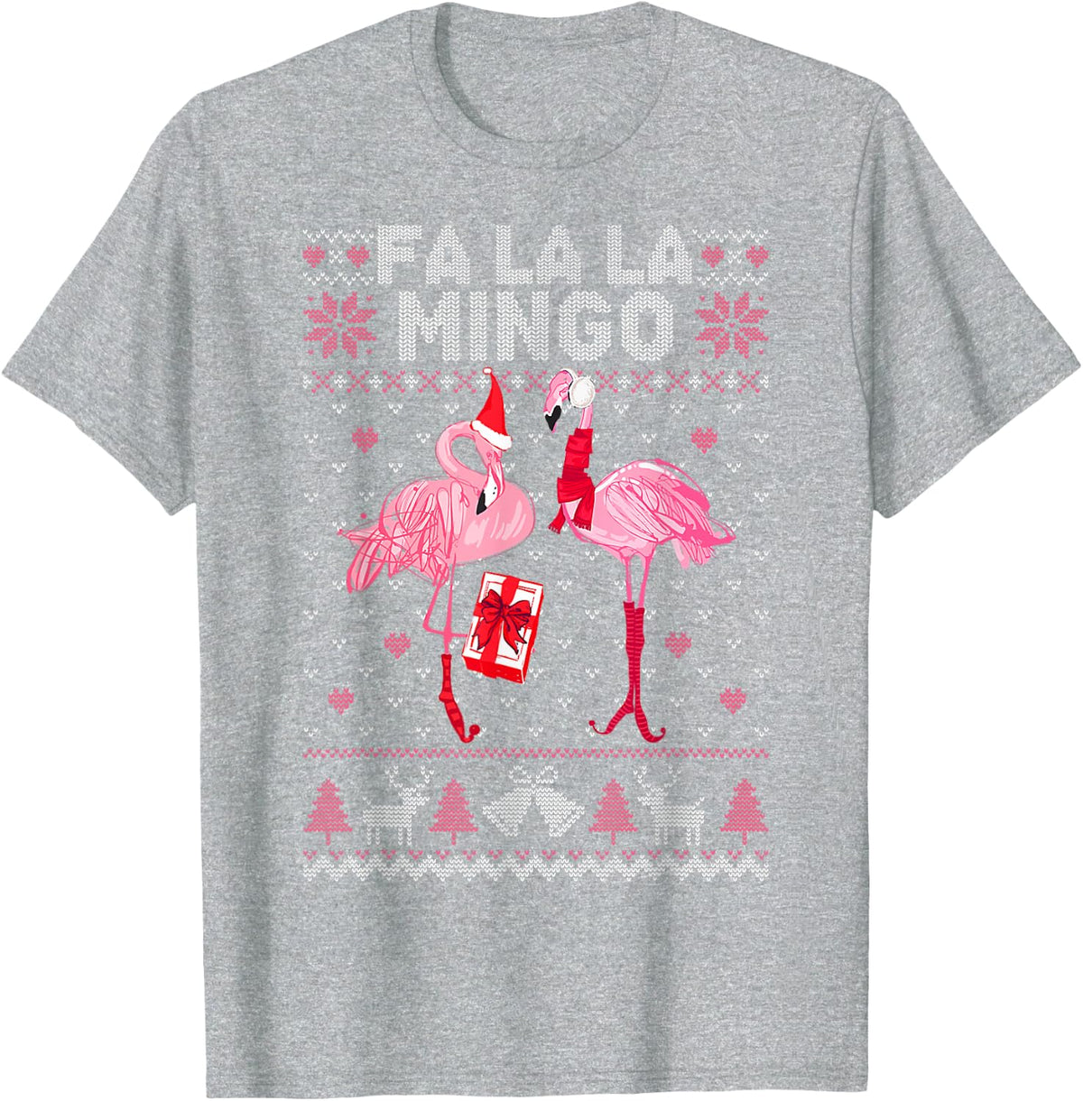 Fa La La La Mingo Flamingo Santa Pink Ugly Christmas Sweater T-Shirt - Heather Grey