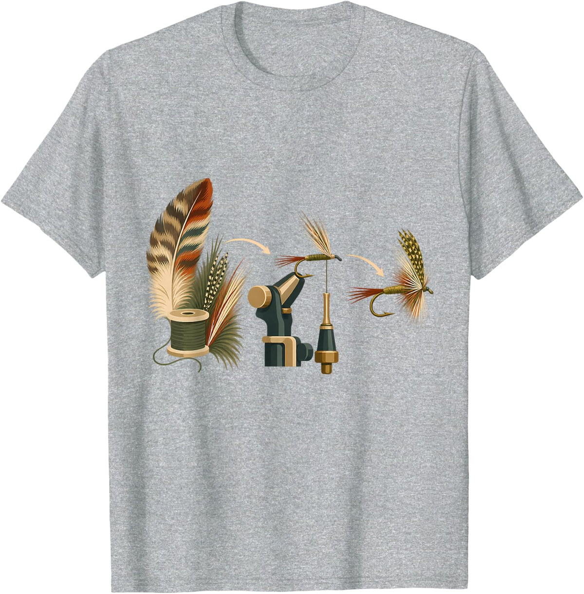 Feathers to Finished Fly Fly Tying Process Angler Art T-Shirt - Heather Grey