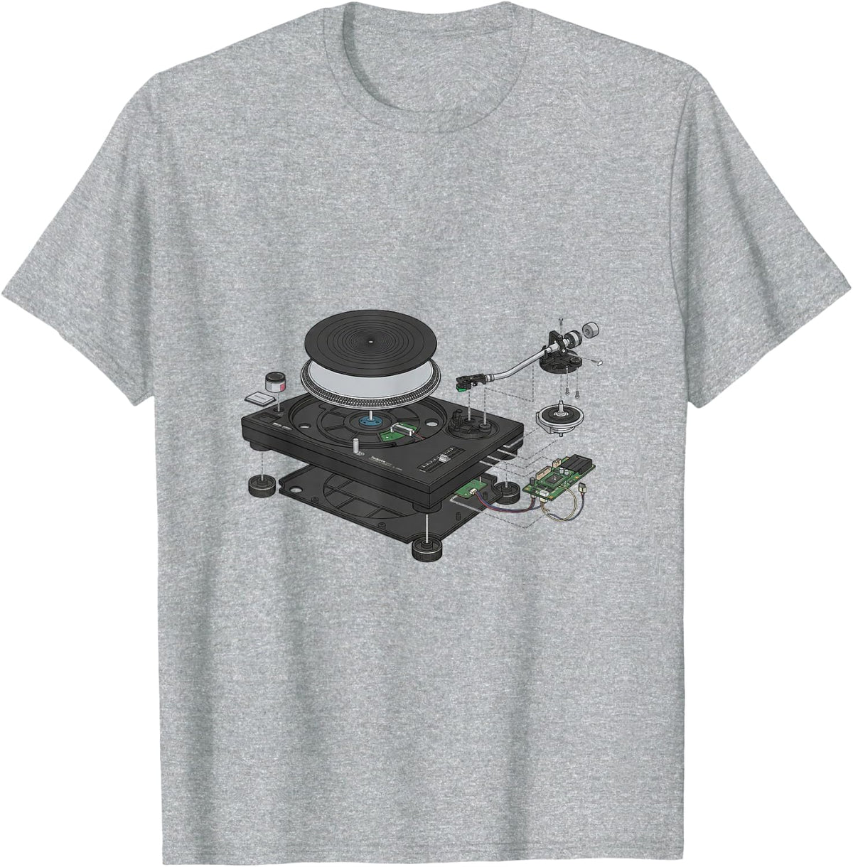 DJ Turntable 1210 Exploded Blueprint Technical Design T-Shirt - Heather Grey