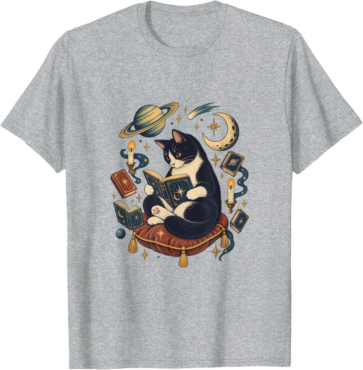 Celestial Cat Reading Books Moon Stars Book Lover T-Shirt - Heather Grey