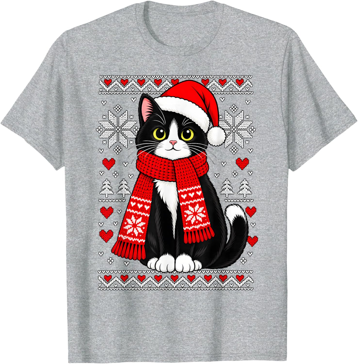 Tuxedo Cat Christmas Santa Hat Scarf Ugly Style Winter T-Shirt - Heather Grey