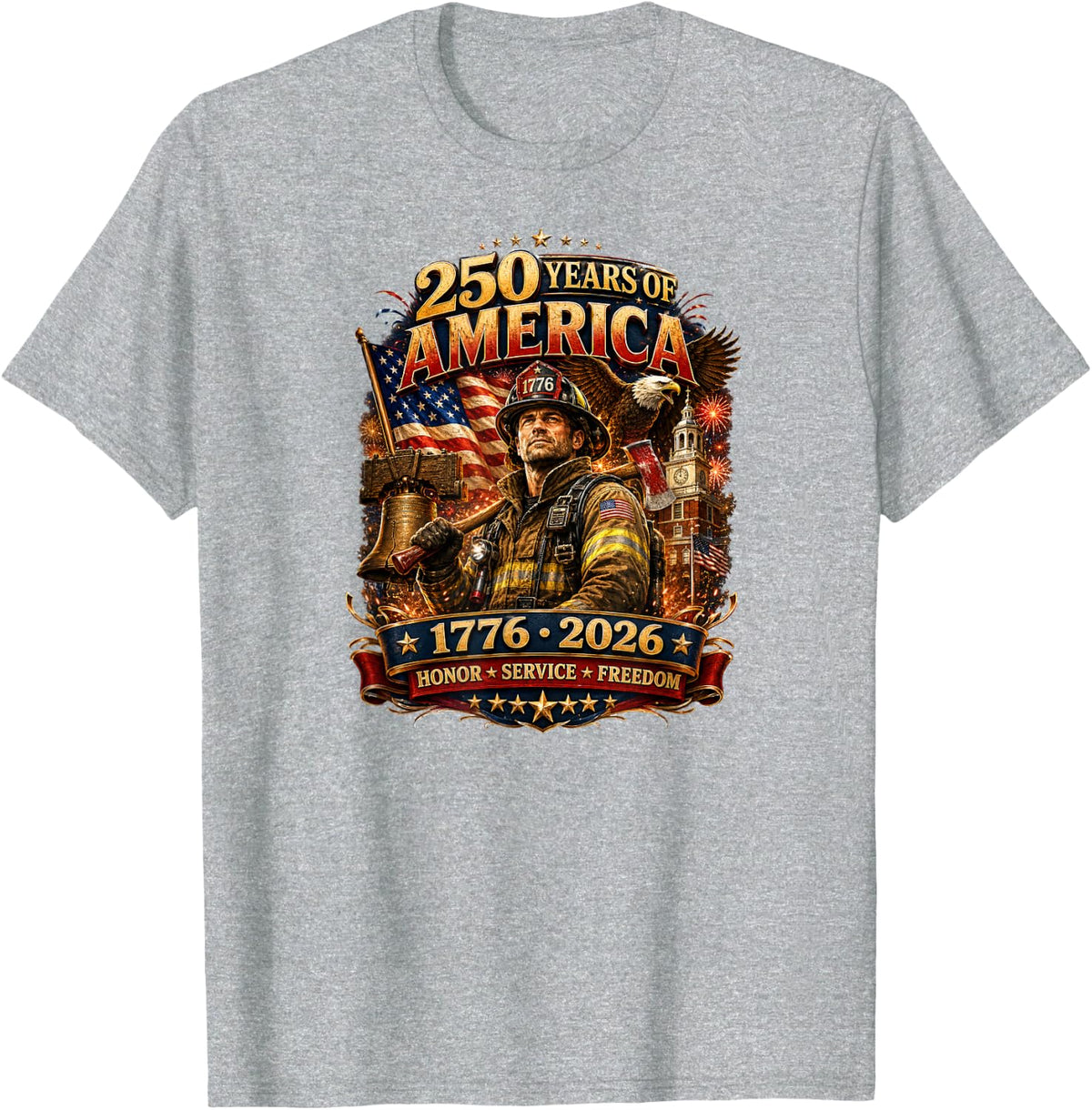 250 Years of America Firefighter Patriotic Tees and T Shirts 1776-2026 - Heather Grey