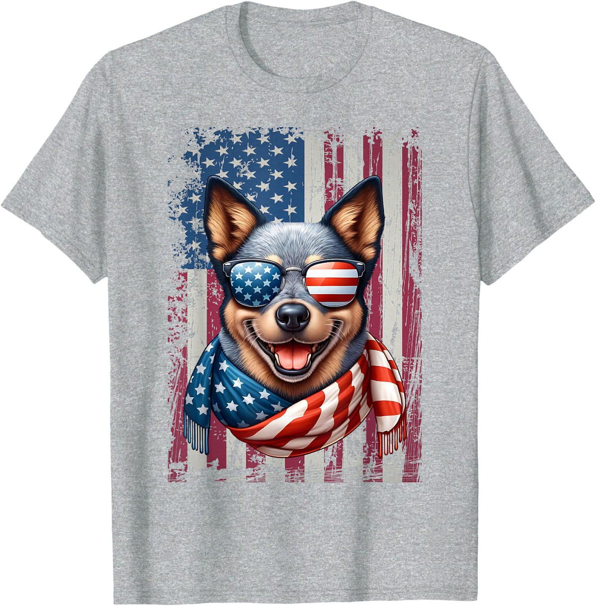 Australian Cattle Dog Lover US Flag 4th Of July Patriotic T-Shirt - Heather Grey