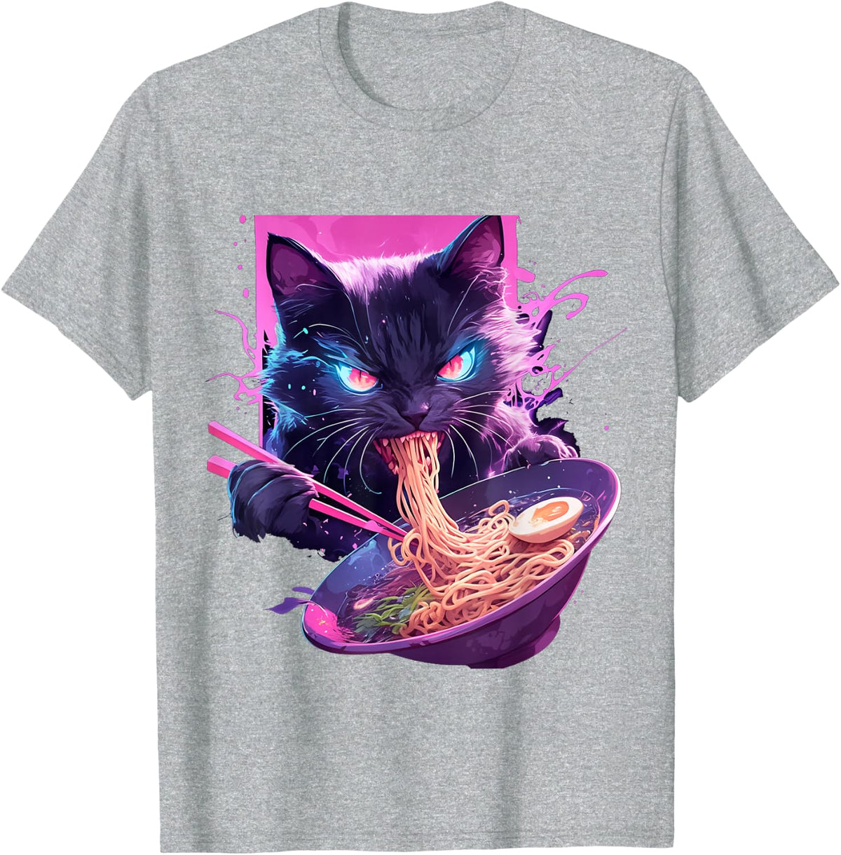 Japanese Art Ramen Cat Ninja Synthwave Style Samurai Cat T-Shirt - Heather Grey