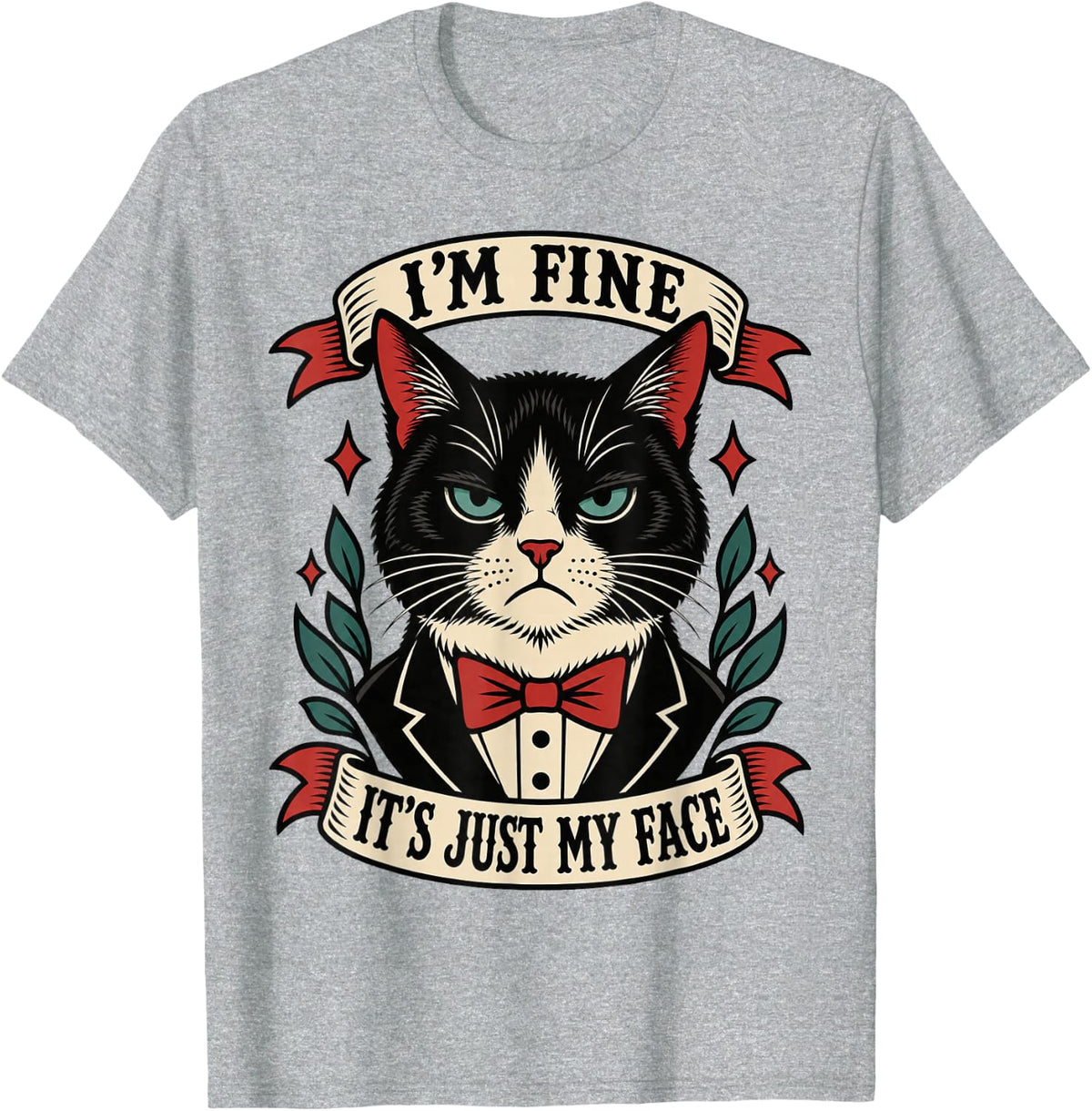 I'm Fine It's Just My face Deadpan Tuxedo Cat Animal Humor T-Shirt - Heather Grey
