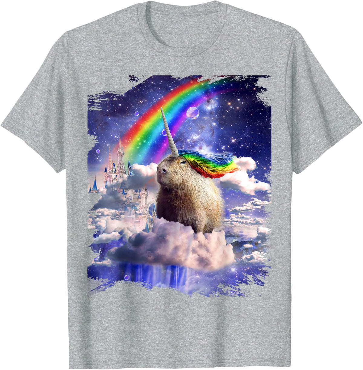 Capybaricorn Capybara Unicorn in Clouds Space Rainbow T-Shirt - Heather Grey