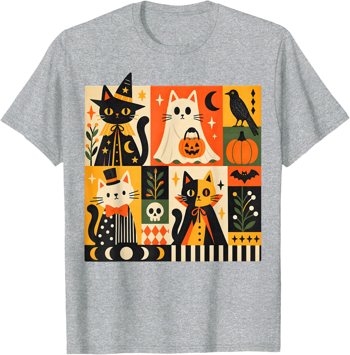 Halloween Cats for Cat Lovers Folk Art Witch Pumpkins T-Shirt - Heather Grey