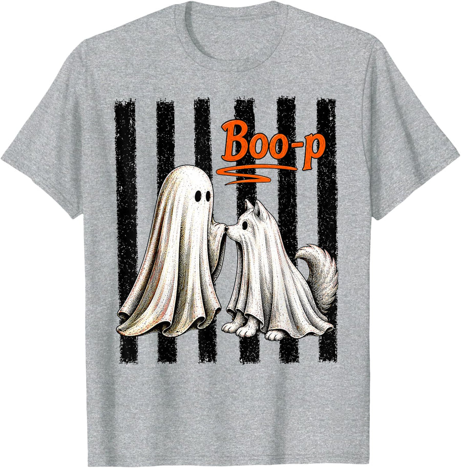Striped Boo Boo-p Dog Ghost Funny Halloween Dog Lovers Dog T-Shirt - Heather Grey
